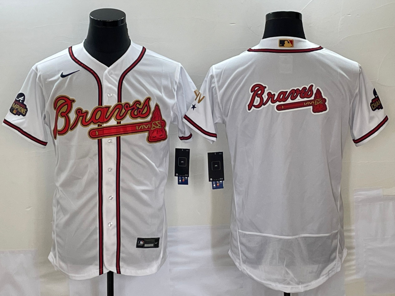 Men's White Gold Atlanta Braves 2022 World Series Champions Program Team Big Logo Flex Base Stitched Jersey